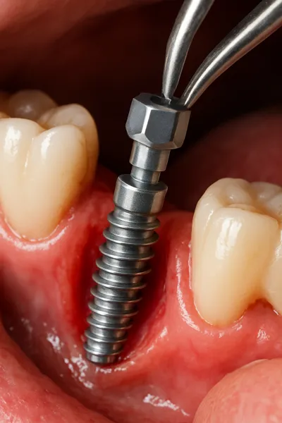 نمای نزدیک از عوارض ایمپلنت دندان در لثه