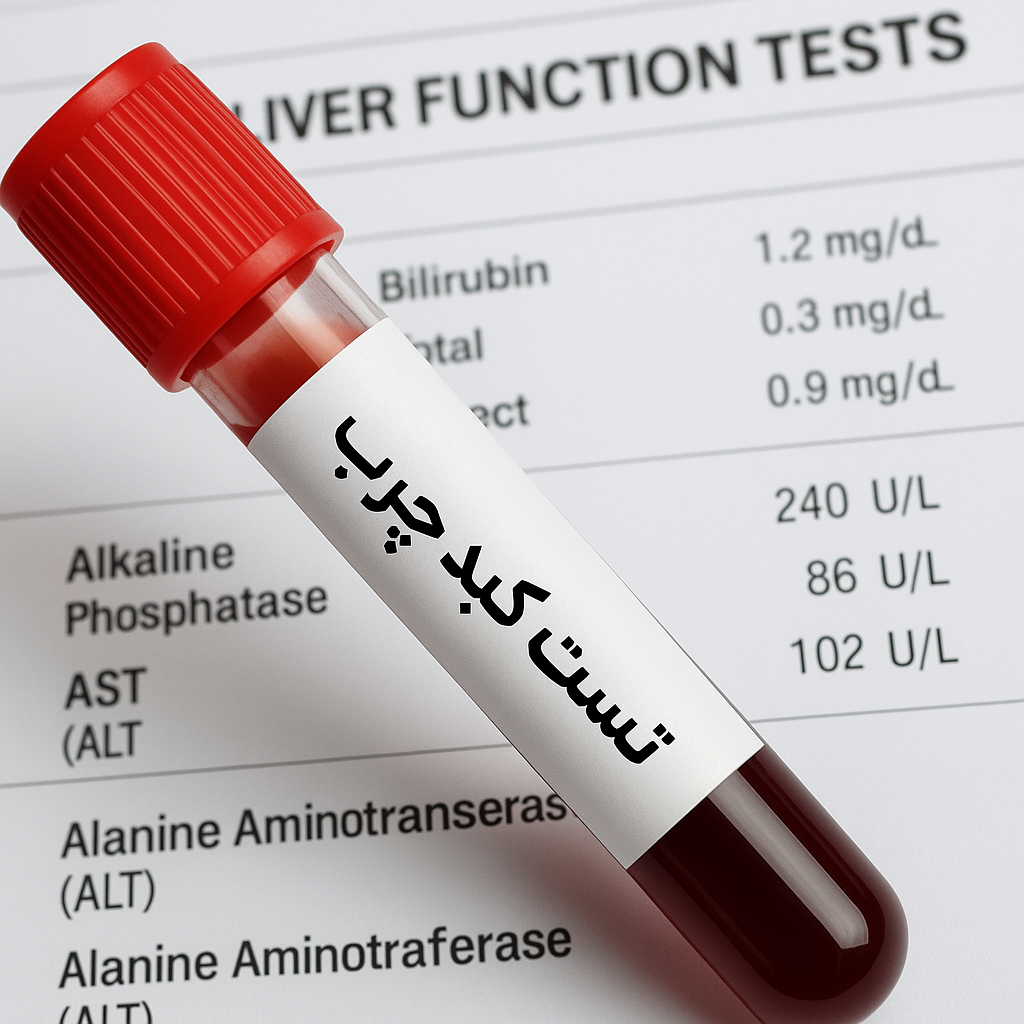 "نمونه خون برای تست کبد چرب با برگه نتایج آزمایش عملکرد کبد