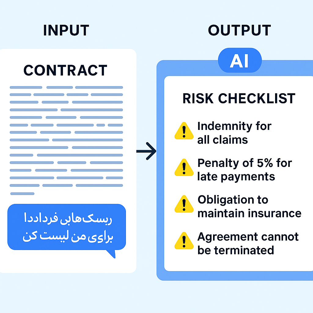 با طراحی یک پرامپت (دستور) دقیق، هوش مصنوعی میتواند یک متن حقوقی پیچیده را به یک چکلیست تحلیلی و کاربردی تبدیل کرده و ریسکها را برای وکیل دستهبندی نماید.( این عکس توسط هوش مصنوعی تولید شده است)