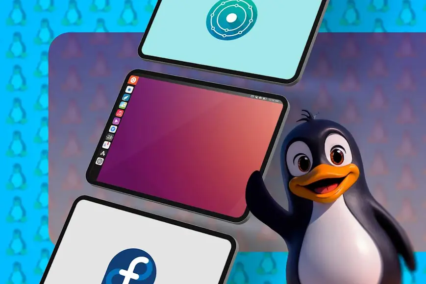 Linux penguin with modern desktop