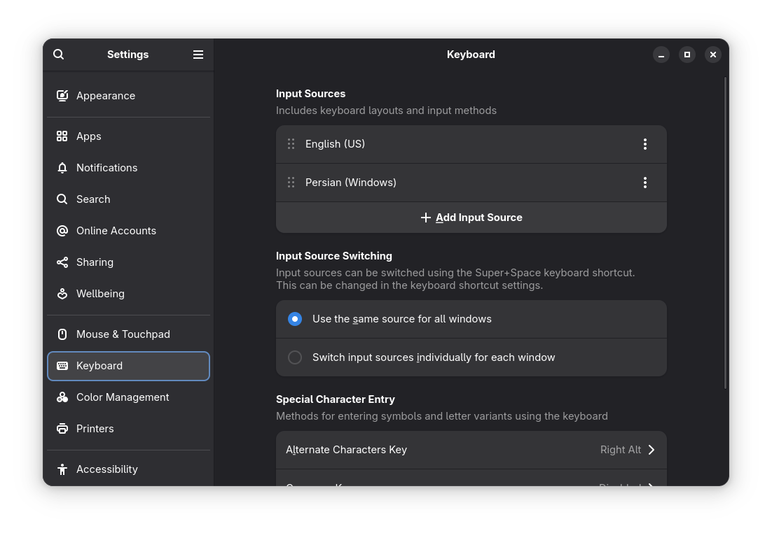 افزودن زبان فارسی به کیبورد فدورا 42
