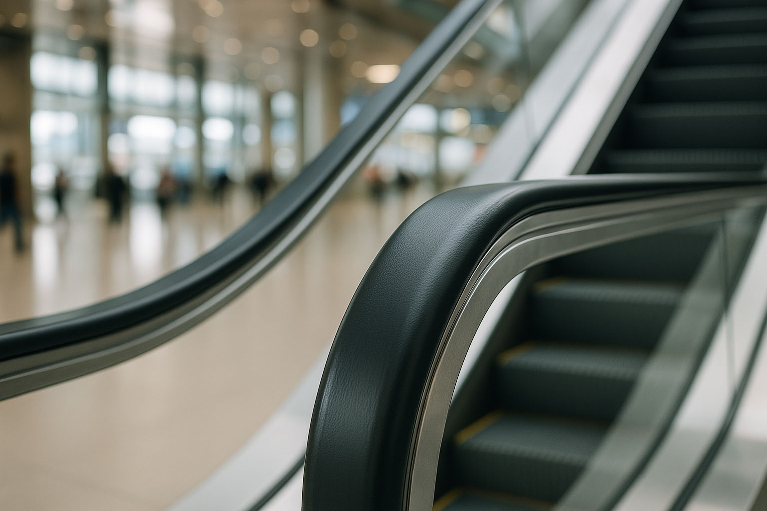 نمای نزدیک از هندریل پله برقی مدرن، با طراحی ارگونومیک و حرکت روان، نصبشده در یک فضای عمومی شلوغ مانند فرودگاه یا مرکز خرید. تصویر مواد و بافت هندریل و هماهنگی آن با پله برقی را به وضوح نشان میدهد.