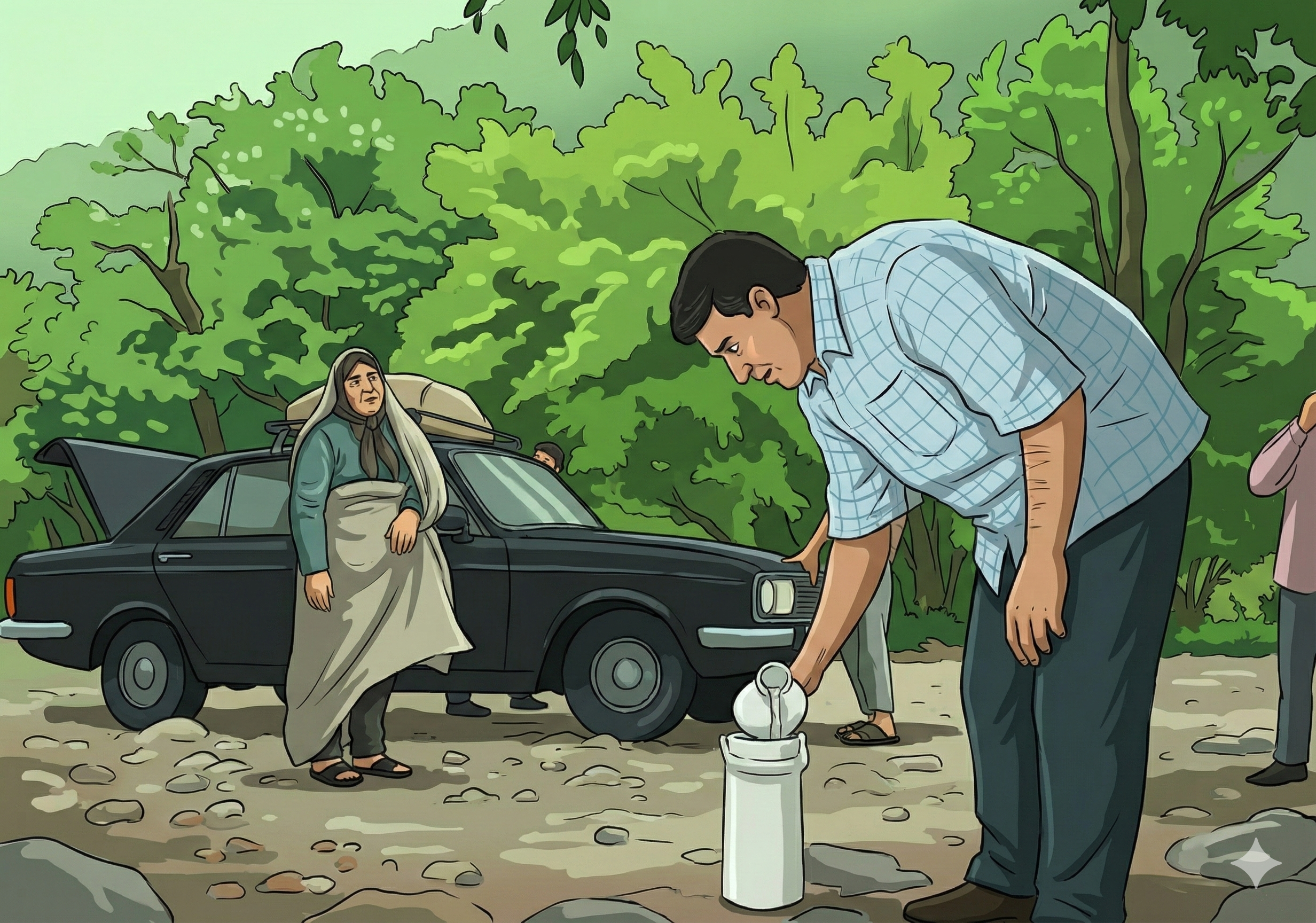 پدر و مادر در حال آماده سازی بساط چای با شیطنت برادران