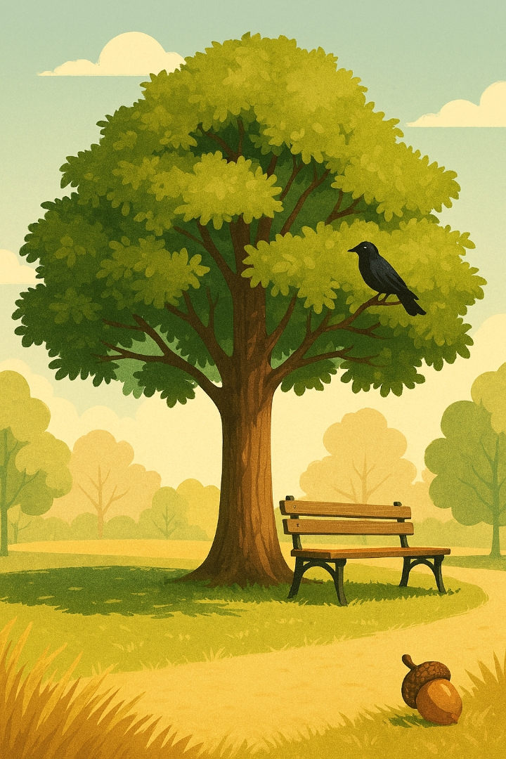 تنهای ، نیمکت ، درخت بلوط ، کلاغ ، بلوط