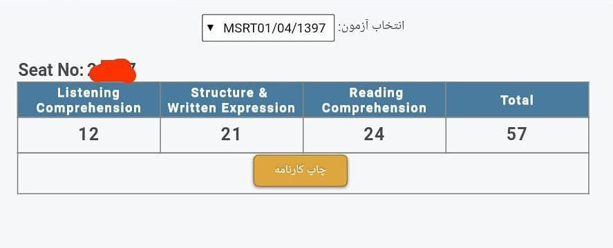نمونه کارنامه آزمون MSRT