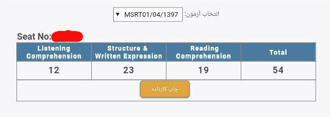 نمونه کارنامه آزمون MSRT