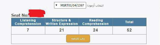 نمونه کارنامه آزمون MSRT