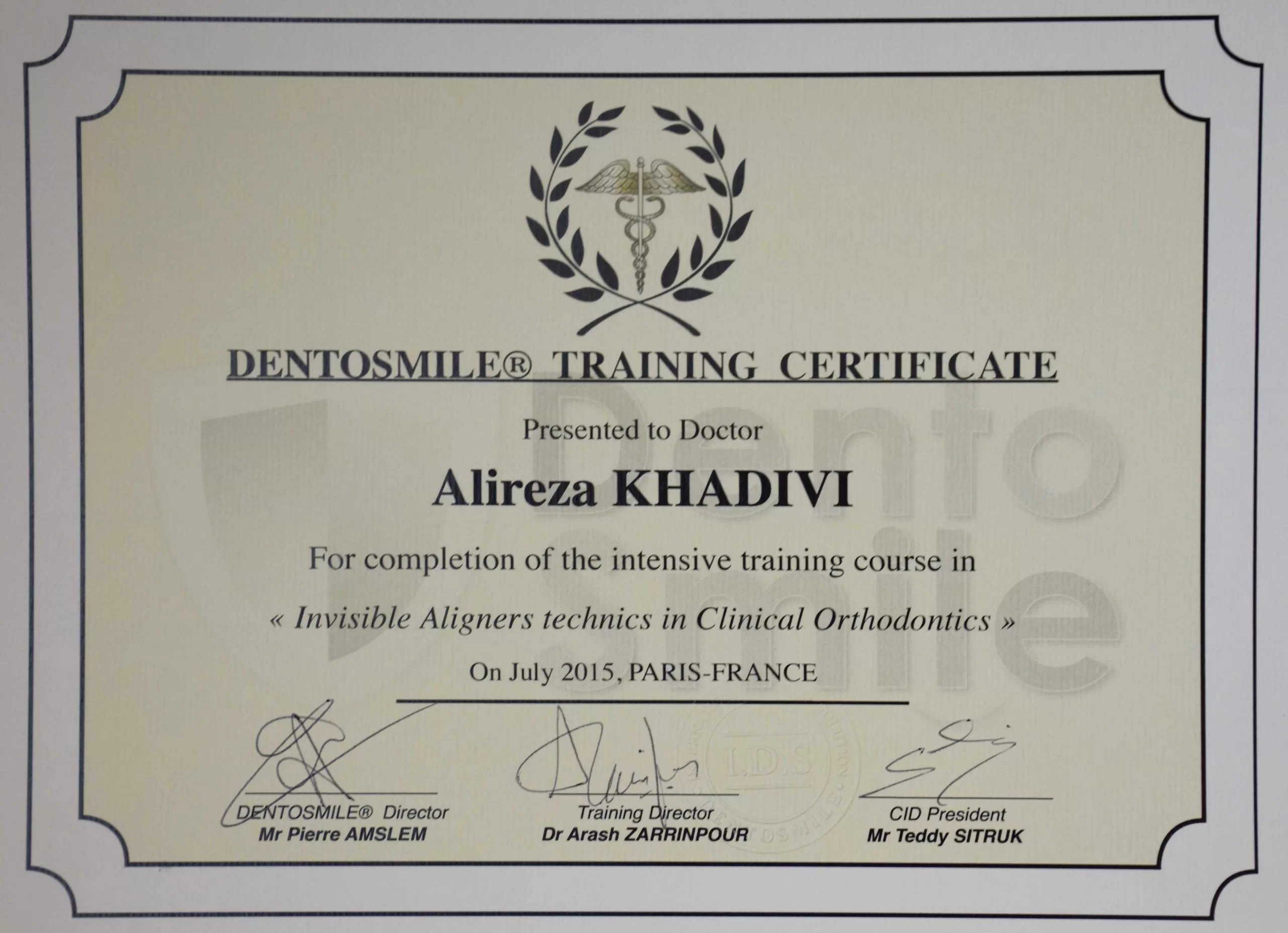 مدرک دوره الاینرهای شفاف (ارتودنسی نامرئی) - سال 2015