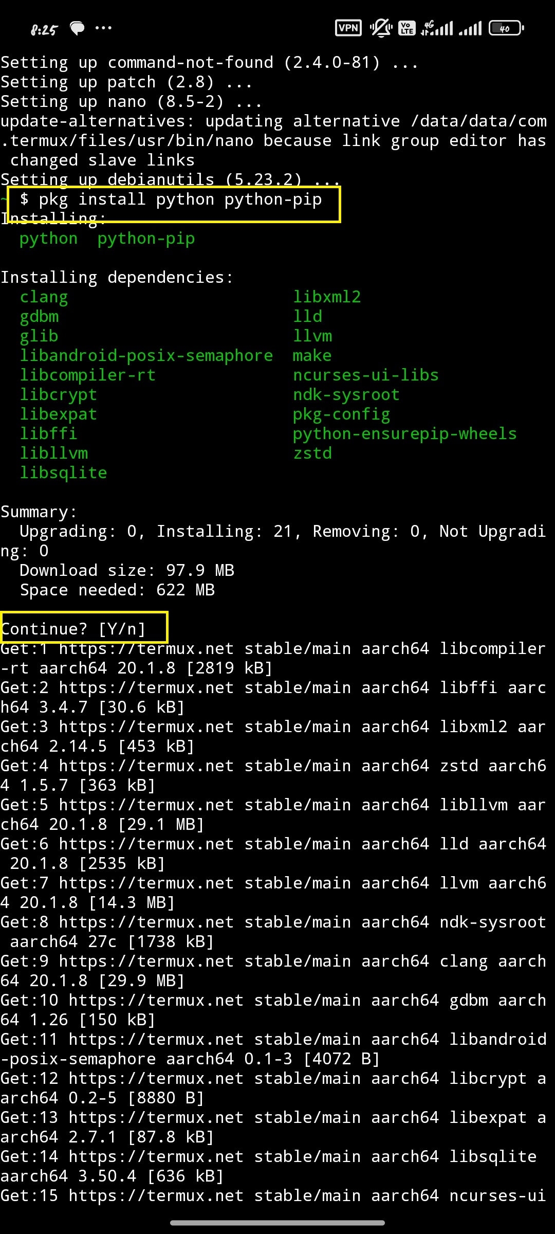 دستور pkg install python python-pip برای دانلود از یوتیوب در اندروید