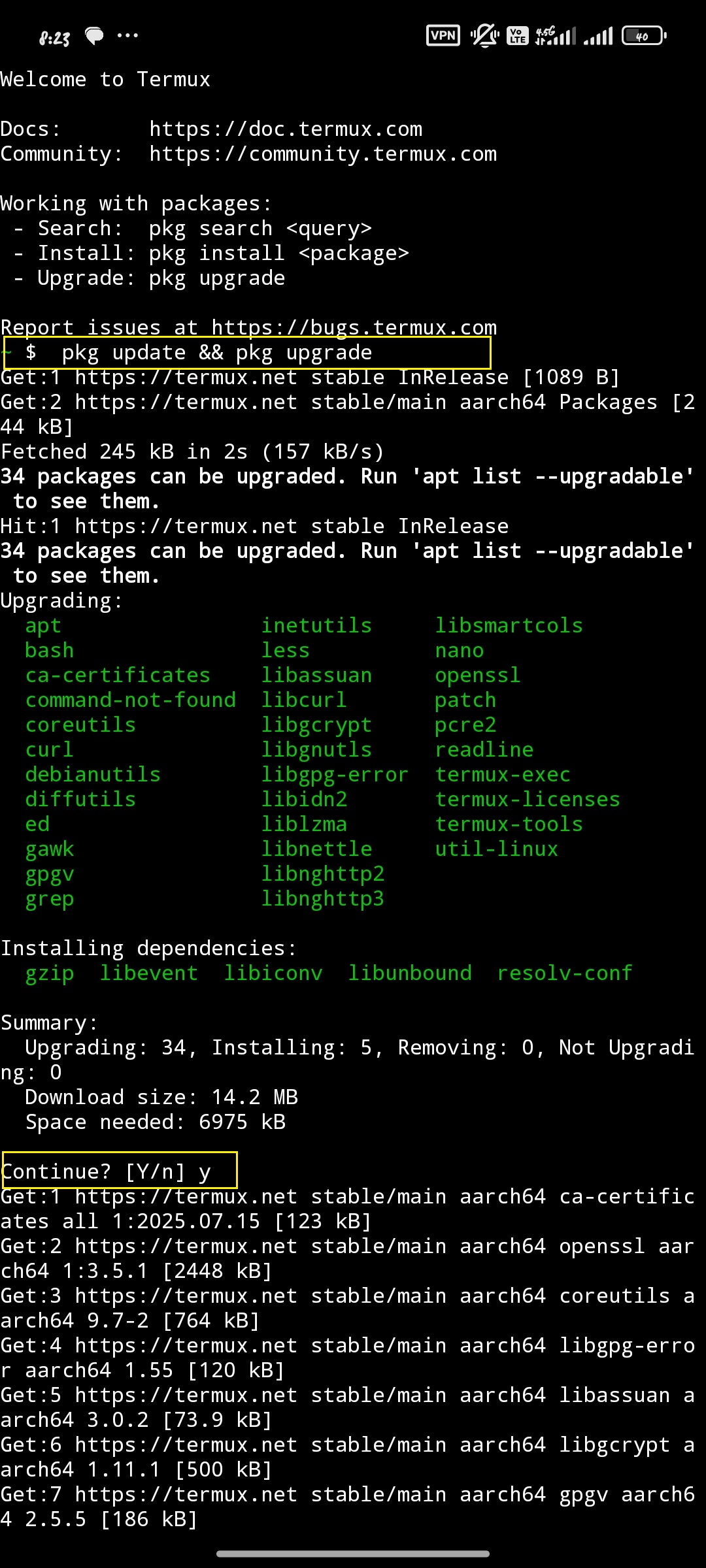 دستور pkg update && pkg upgrade