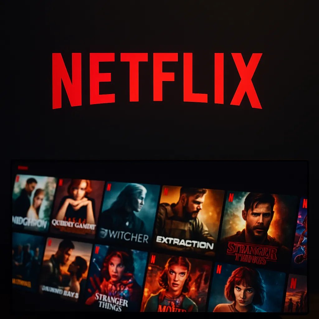 لوگوی نتفلیکس در بالای صفحه تلویزیون با پیش‌نمایش فیلم‌ها و سریال‌های محبوب مانند The Witcher و Stranger Things