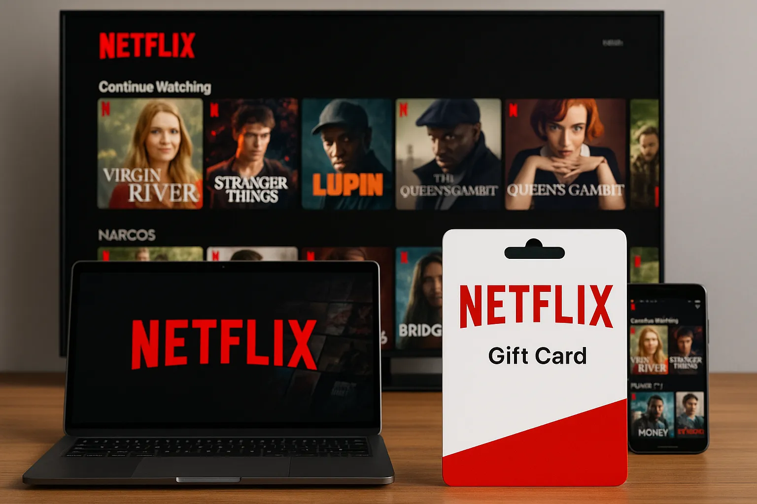 نمایش کارت هدیه نتفلیکس در کنار لپ‌تاپ و موبایل با اپلیکیشن Netflix