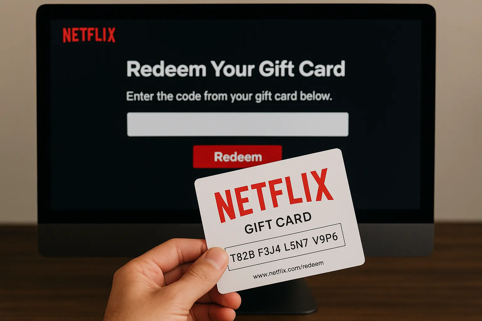 نمایش کارت گیفت نتفلیکس در دست کاربر مقابل صفحه ورود کد در سایت Netflix