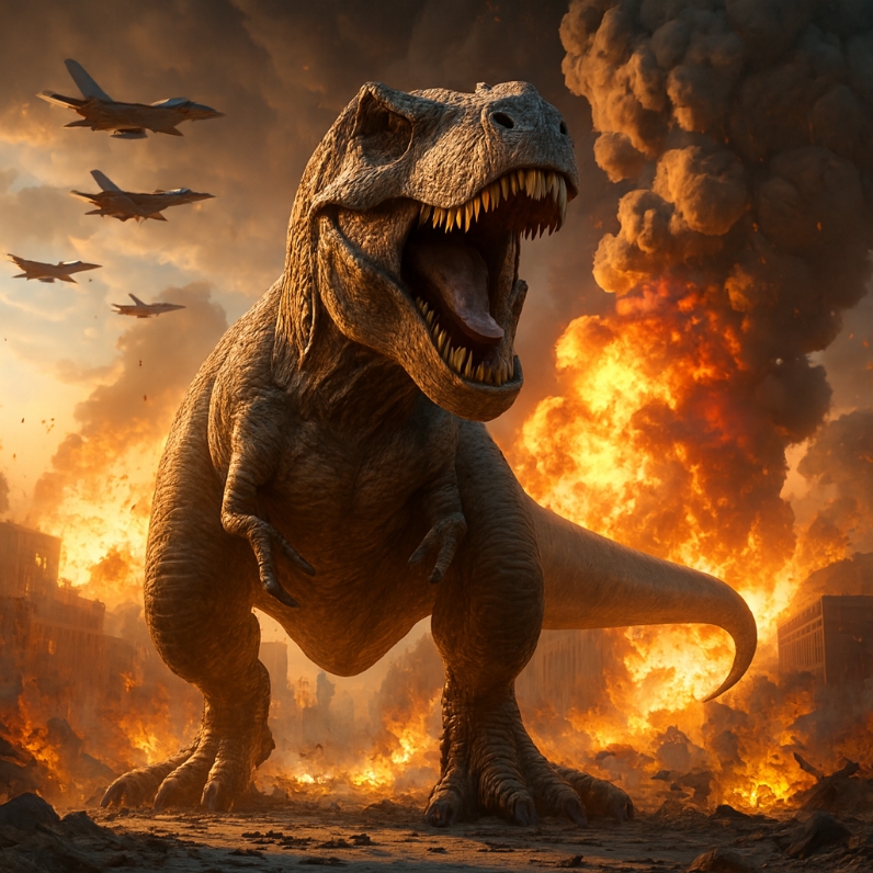 تصویر ترکیبی دایناسور تیرانوس در میدان جنگ