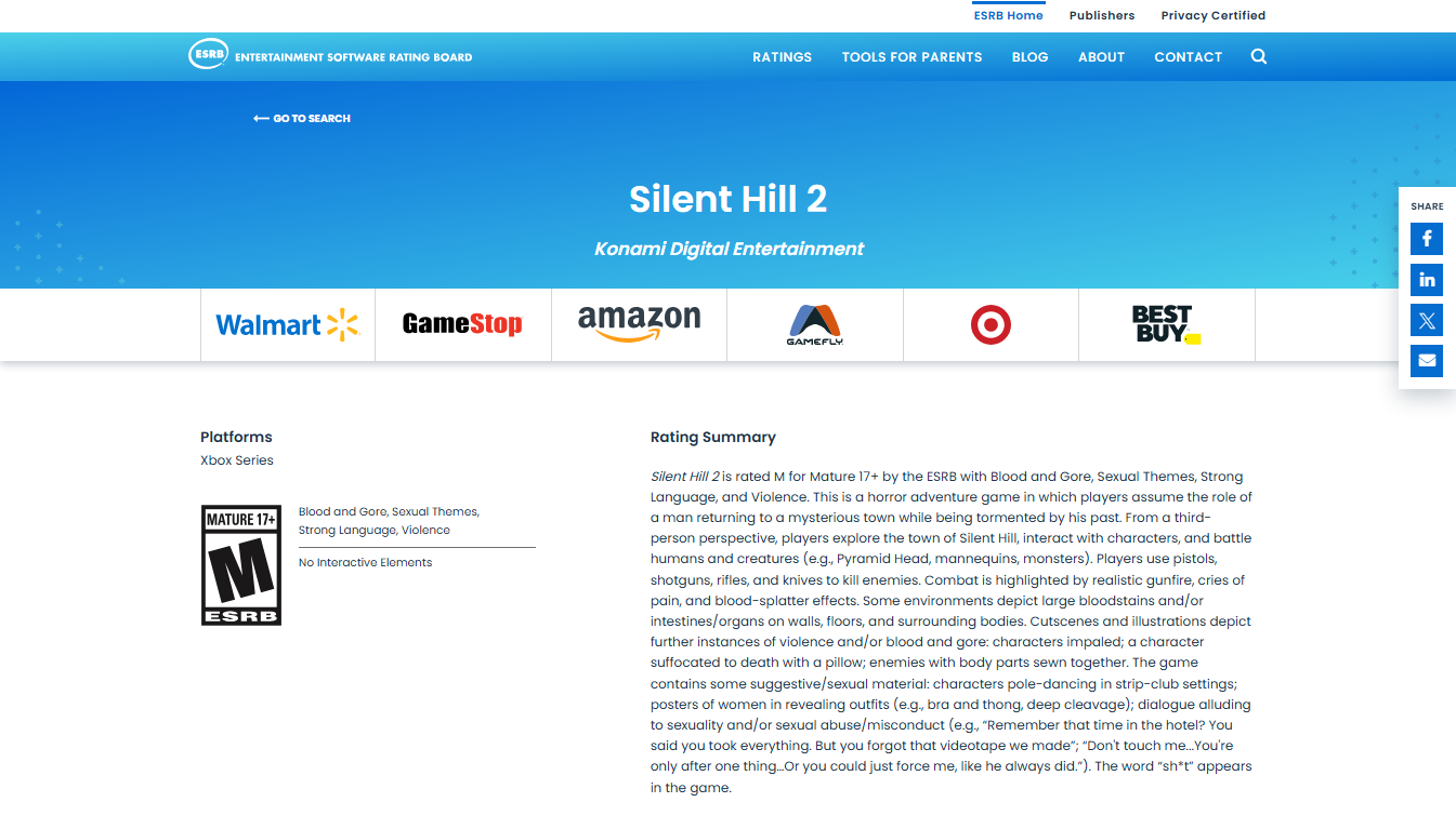 ESRB - SILENT HILL 2 REMAKE XBOX SERIES