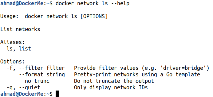 docker network ls --help