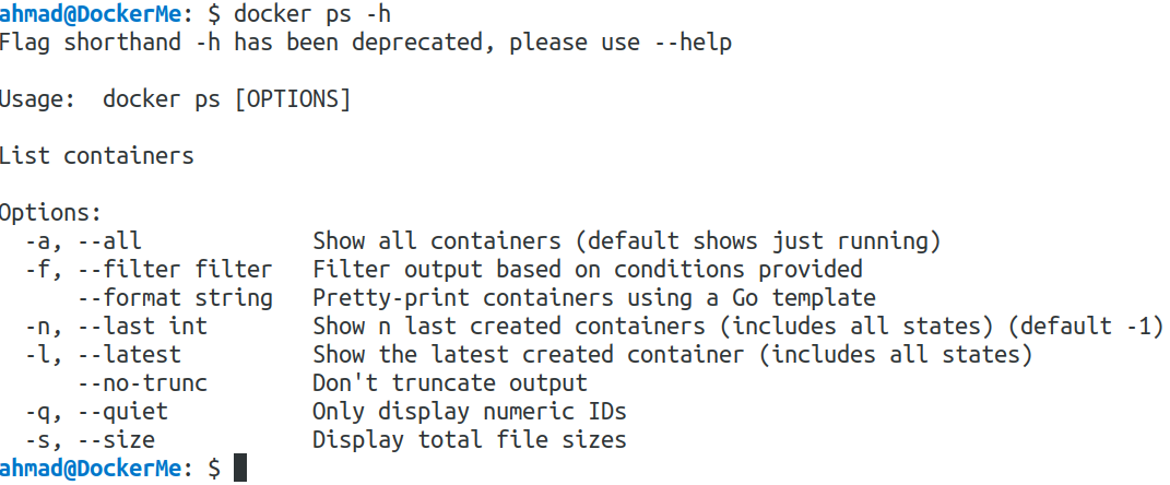 docker ps -h 