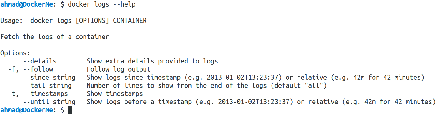 docker logs --help