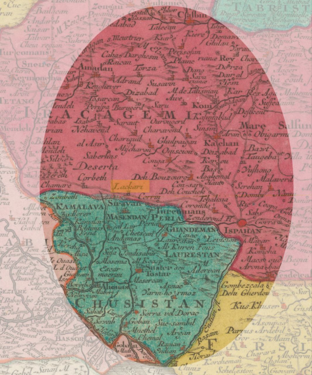 نقشهای تازه و دقیق از پادشاهی بسیار غنی ایران با توجه به ولایت های آن اثر توبارد (۱۷۵۰ م) یک سال پیش از پادشاهی زندیه