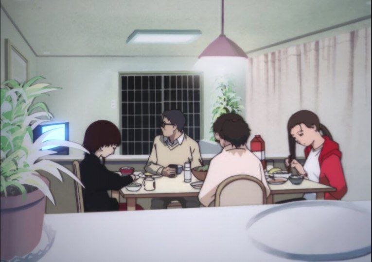 یکی از سکانس‌های غذا خوردن خانواده‌ی ایواکورا: پدر و مادری بی‌تفاوت، خواهری خودخواه و خود لین درگیر ارتباطاتش در وایرد.