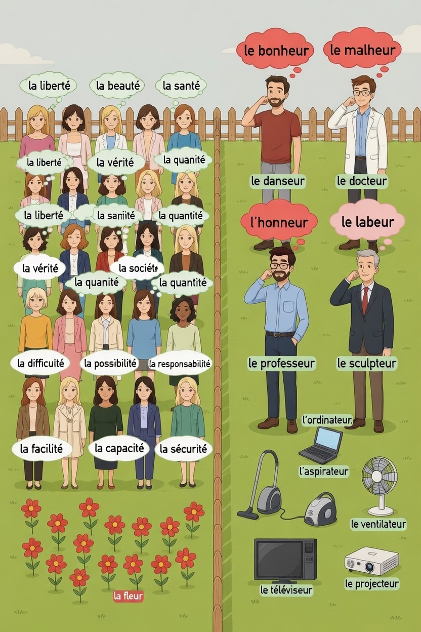 Illustration 4: [-eur & -é] concret et métier sont masculins (vert) et abstrait est féminin (vert) – exceptions en rouge