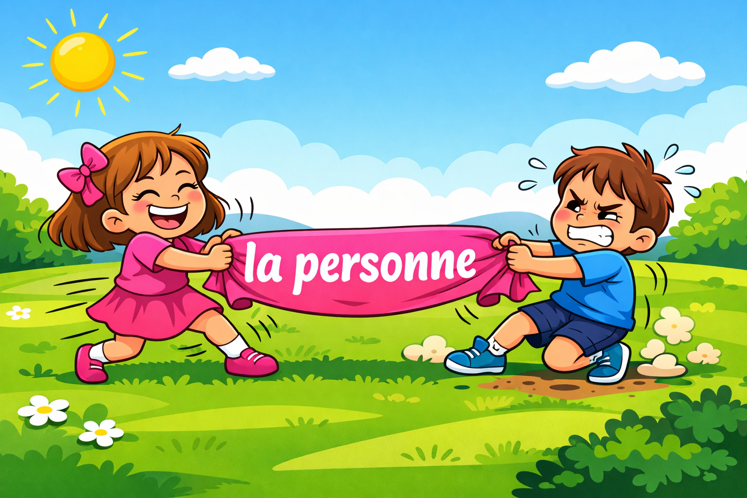 Une fille et un garçon se disputent l’expression «la personne». La fille est en train de gagner.