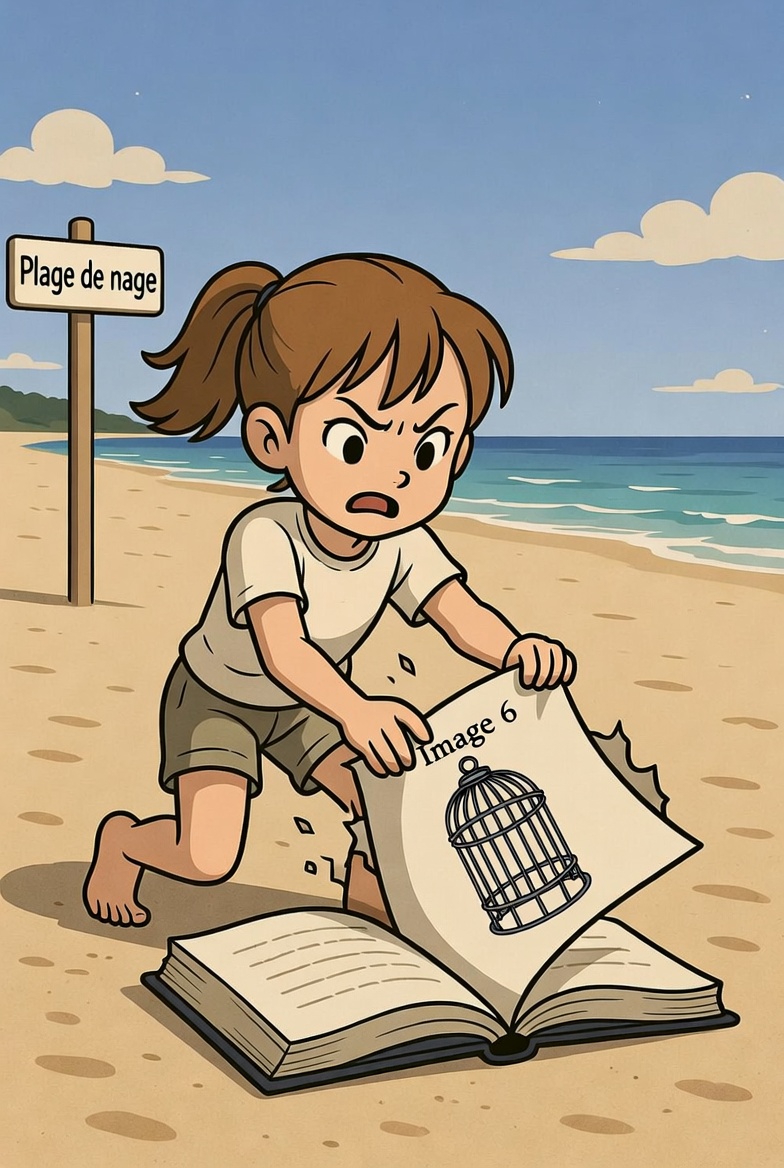 Illustration 2: Une fille pleine de rage a déchiré, sur la plage de nage, une page où figurait l'image d'une cage.