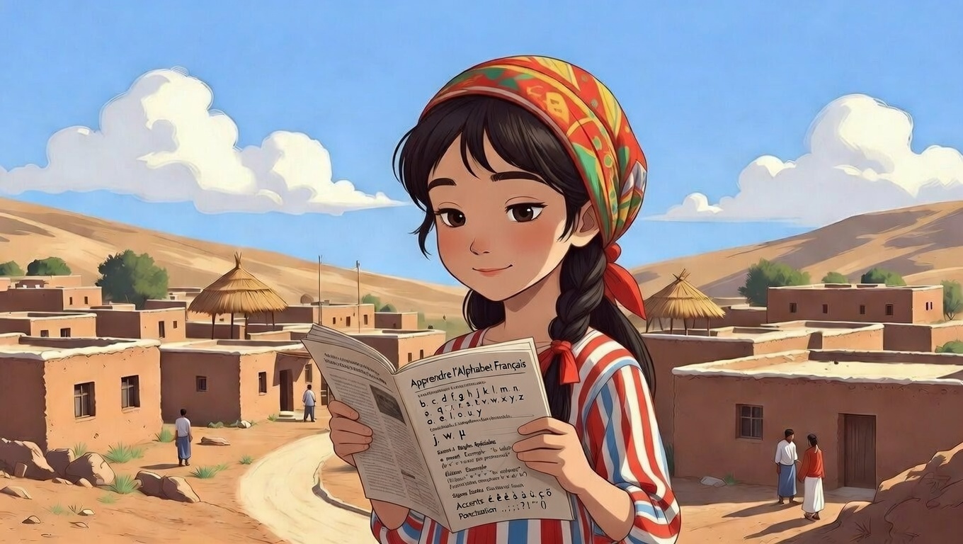 دختر نوجوان کرد در حال یادگیری الفبای فرانسوی