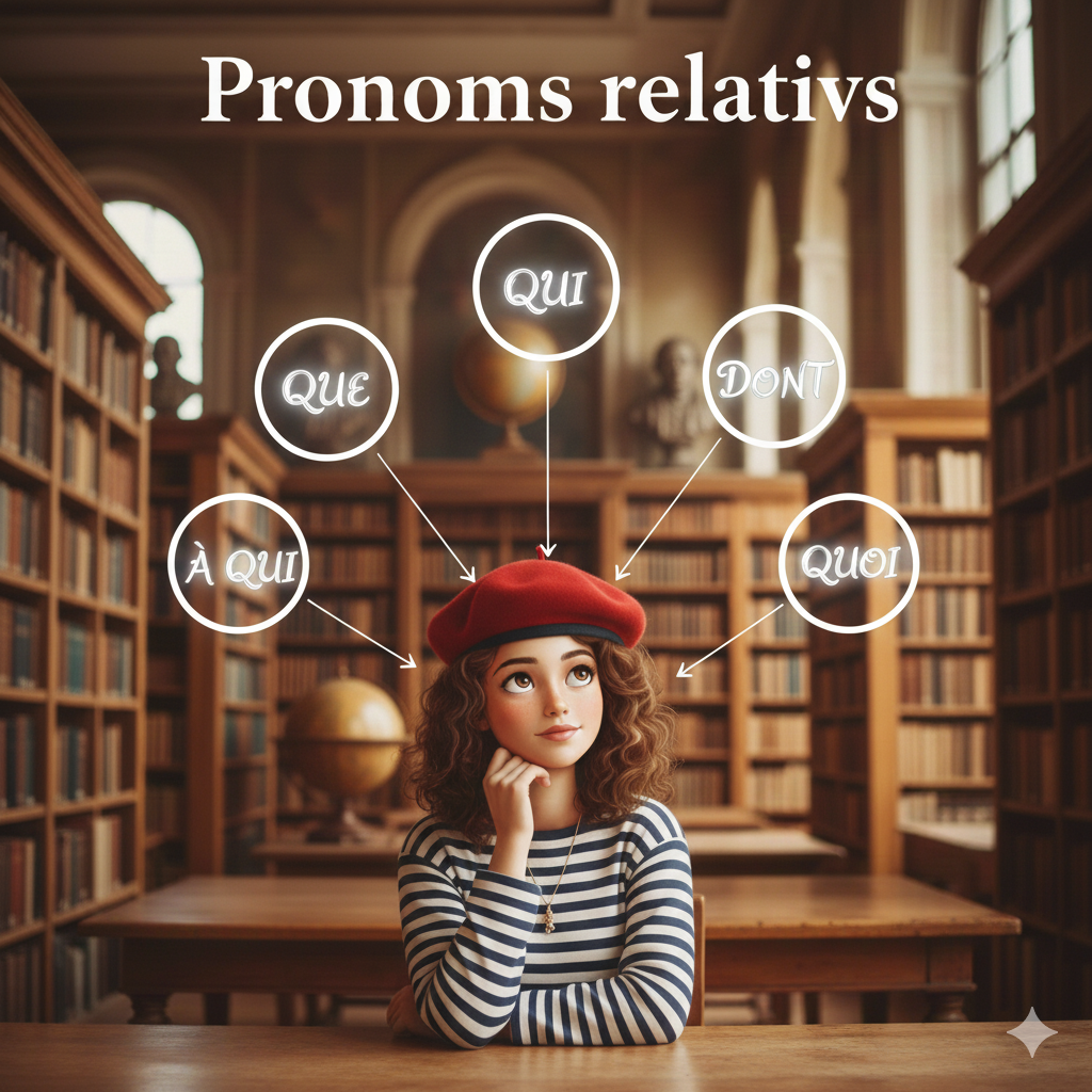 دسختر فرانسوی در حال مرور ضمیرهای موصولی فرانسوی