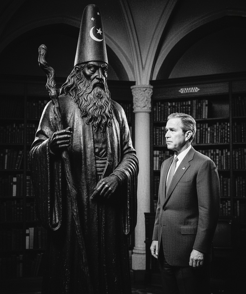 مجسمه آگرشاه مروزی در کنار جورج بوش