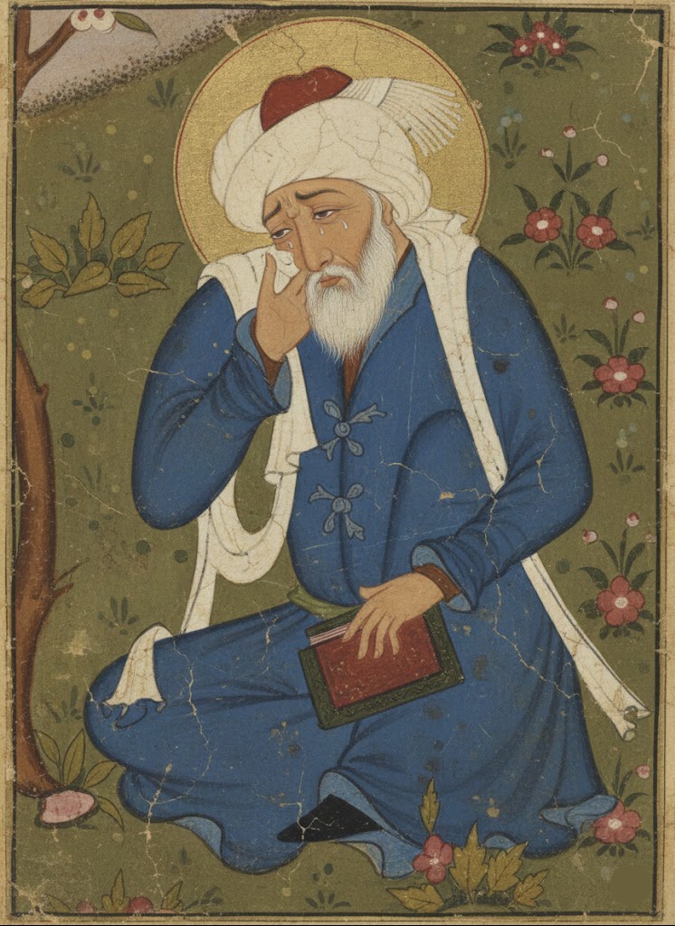 نگاره کشیده شده از گریه ی شمس توسط آگرشاه در کتابش، وقتی شمس سرنوشتش را توسط آگرشاه شنید