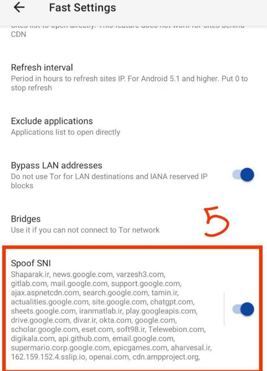 مرحله پنجم: گزینه Spoof SNI رو پیدا و فعال کنید، سپس متن زیر رو داخلش پیست کنید و بک بزنیدششم: گزینه Bridge رو پیدا و انتخاب کنید.
