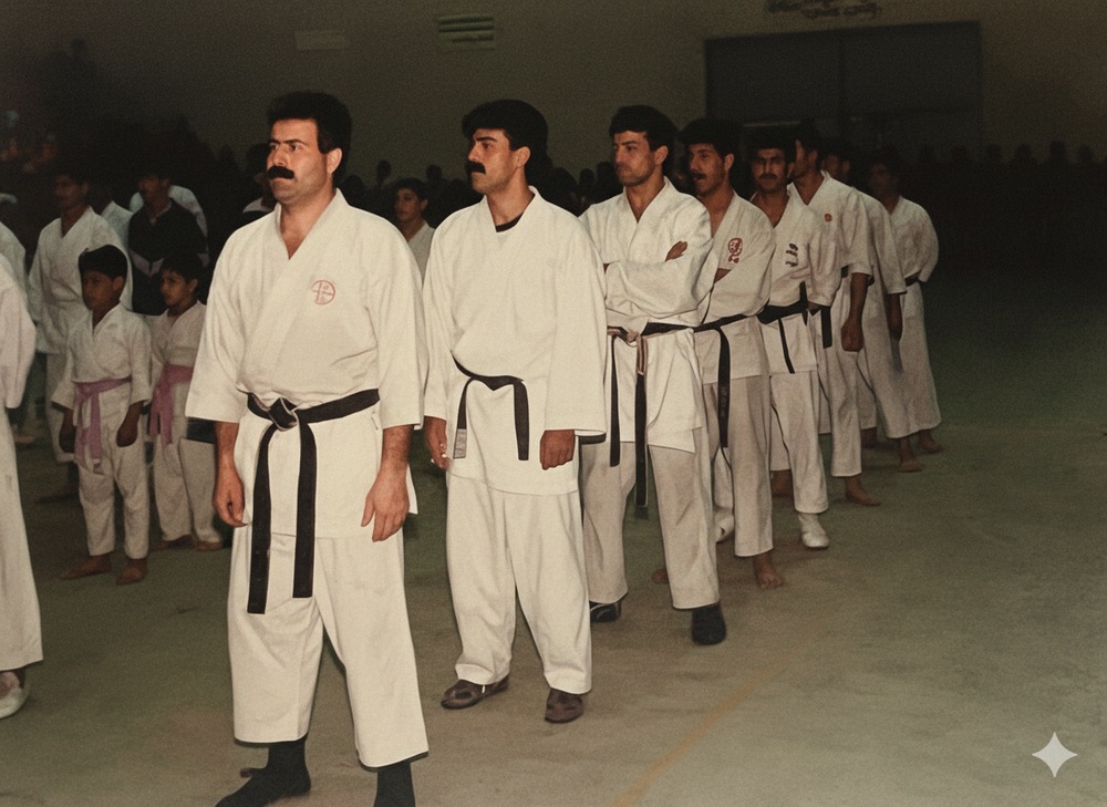 استاد فرج اله نصیری در ابتدای صف در باشگاه در حال تمرین