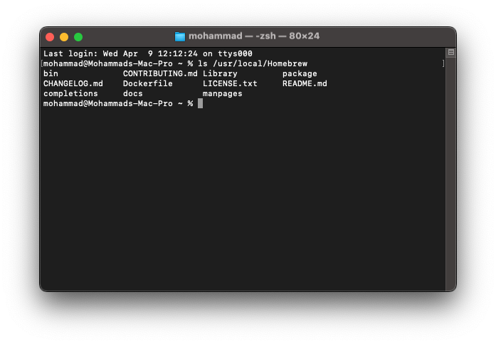 این تصویر مربوط به هکینتاش من است که مسیر HomeBrew در آن متفاوت است، ولی به صورت کلی باید بتوانید محتویات پوشهی homeBrew را در مسیر /opt/homebrew/ ببینید. در غیر این صورت Brew به درستی نصب نشده است.
