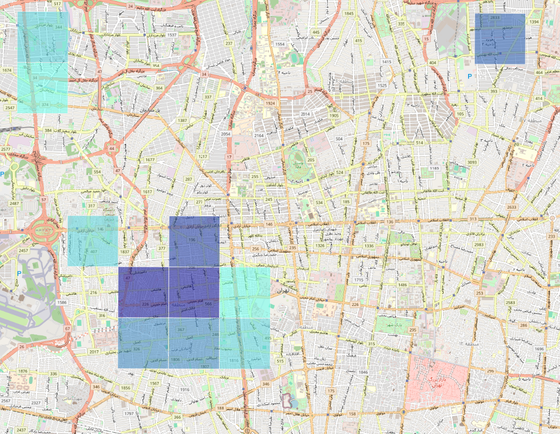 کلاسترینگ روی داده های ملک - شرح رنگ از طیف کمرنگ به پررنگ متناسب با تعداد اگهی ها