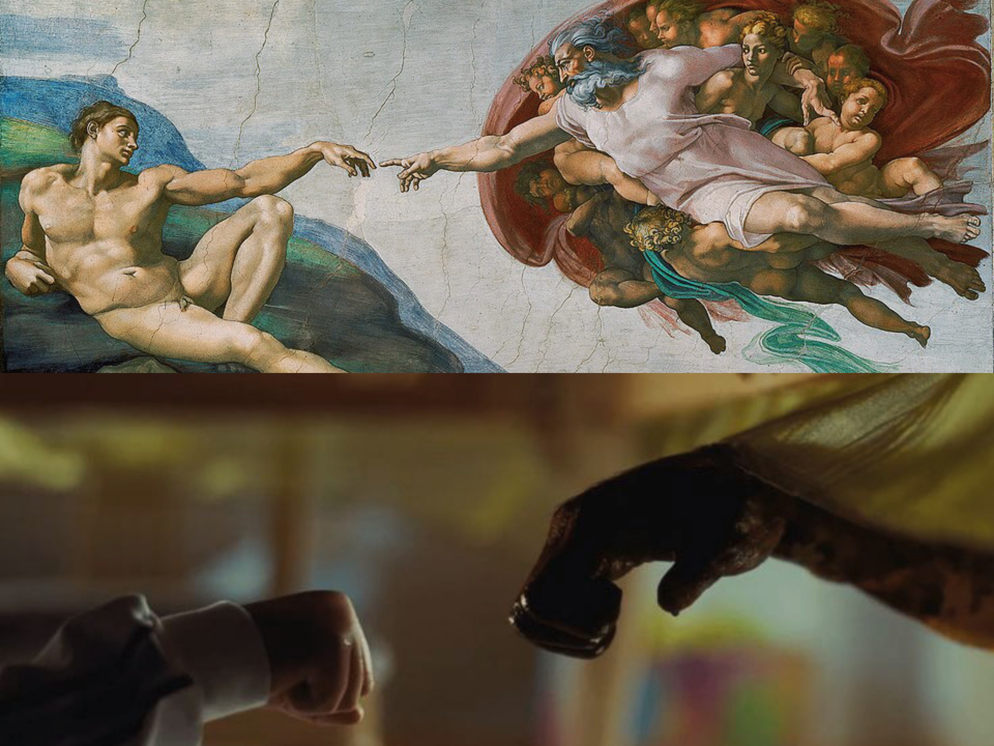 The Creation of Adam - Michelangelo | نمایی از نزدیکی دستهای گوردی و پسربچه در فیلم