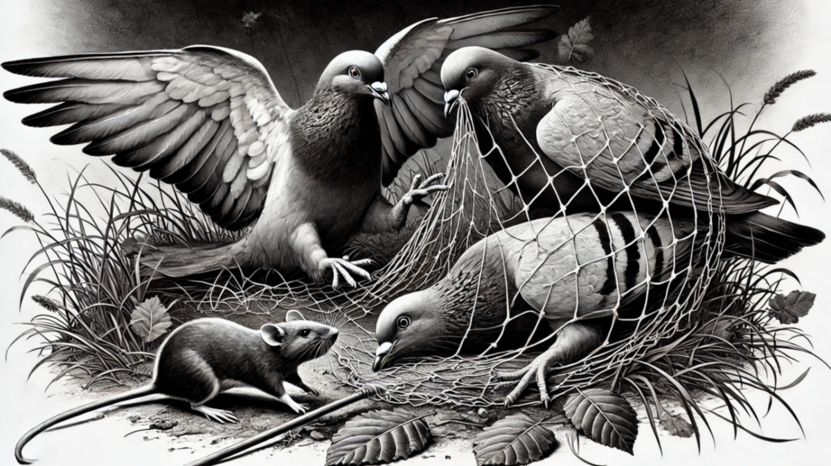 آزاد شدن شدن کبوتران از بند صیاد توسط موش