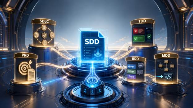 تصویر 6: ریشههای SDD در SDLC، PRD، TDD، BDD و MDD.