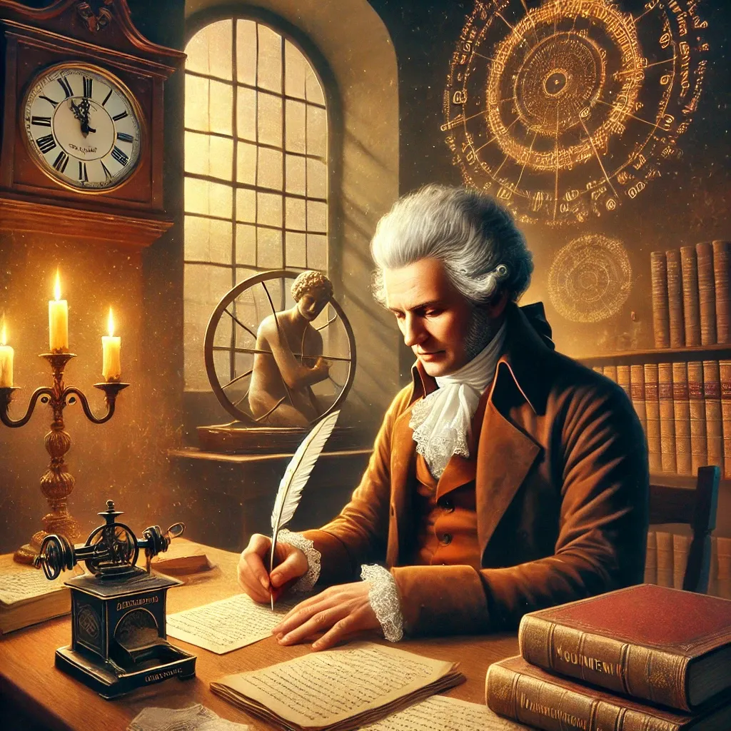 اینجا تصویری از ایمانوئل کانت است که در محیطی علمی و روشن از نور شمع، در حال تفکر و نوشتن است. ساعت روی دیوار به دقت و انضباط او اشاره دارد و مفاهیم فلسفیاش به شکلی انتزاعی در پسزمینه نمایش داده شدهاند