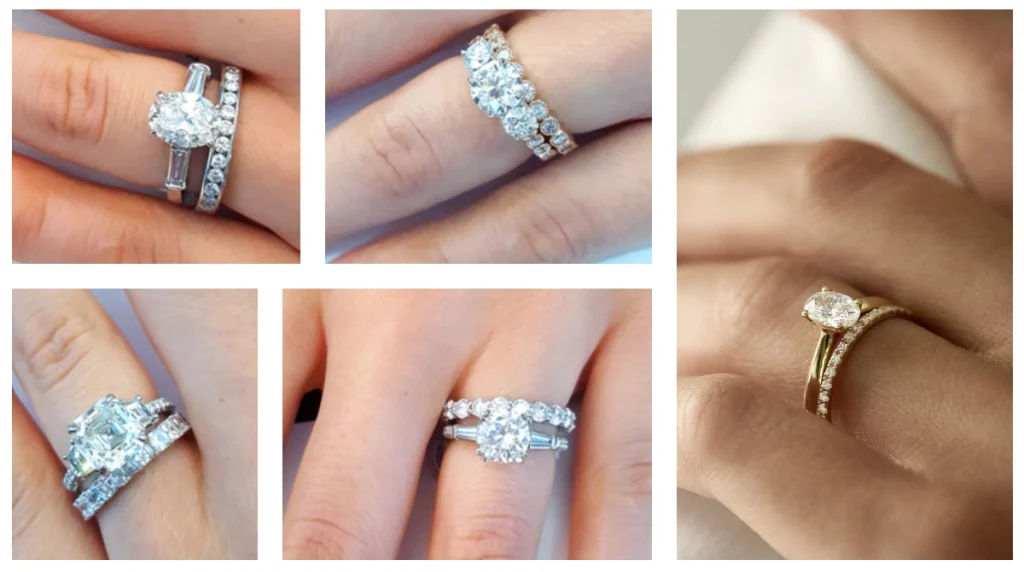 حلقه‌های روی‌هم‌نشسته: طراحی سفارشی‌شده‌ای که دو حلقه دقیقاً در کنار هم بنشینند. این انتخاب، هم خاص و شخصی است و هم تفاوت حلقه ازدواج و نامزدی را به المانی جذاب تبدیل می‌کند.