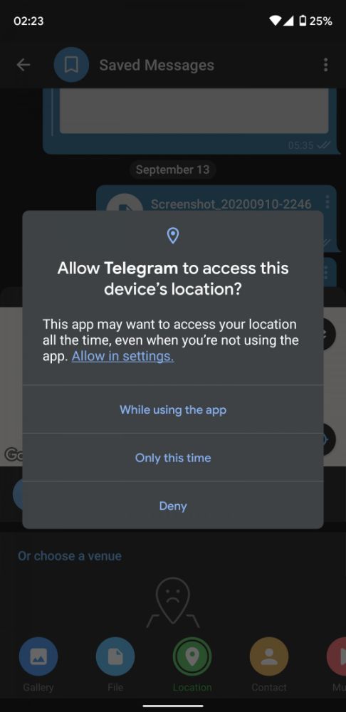 پنجره درخواست مجوز تلگرام به مکان