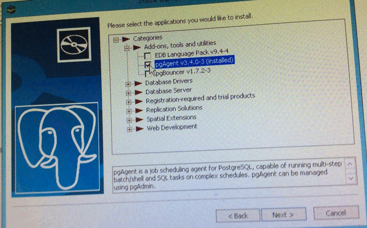 انتخاب PgAgent از لیست Add-ons