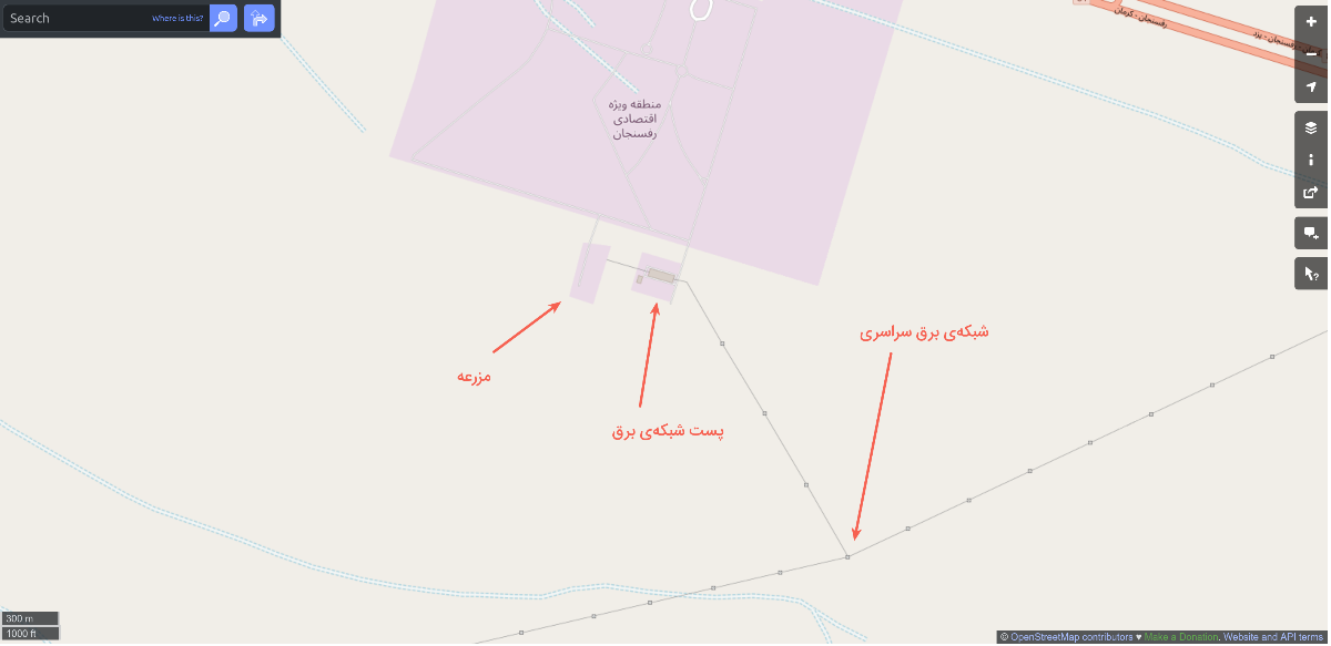 ارتباط مجموعه با شبکه برق سراسری بروی نقشه‌ی OSM