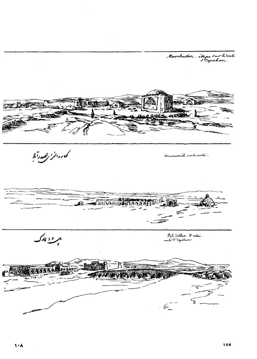 دورنمای قلعه مورچه خورت، کاروانسرای صدرآباد و مجموعه پل و کاروانسرای دلاک در نزدیکی قم 