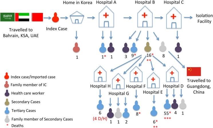 شکل 3 خلاصه زنجیره شناسایی‌شده برای شیوع MERS در کره جنوبی[iv] 