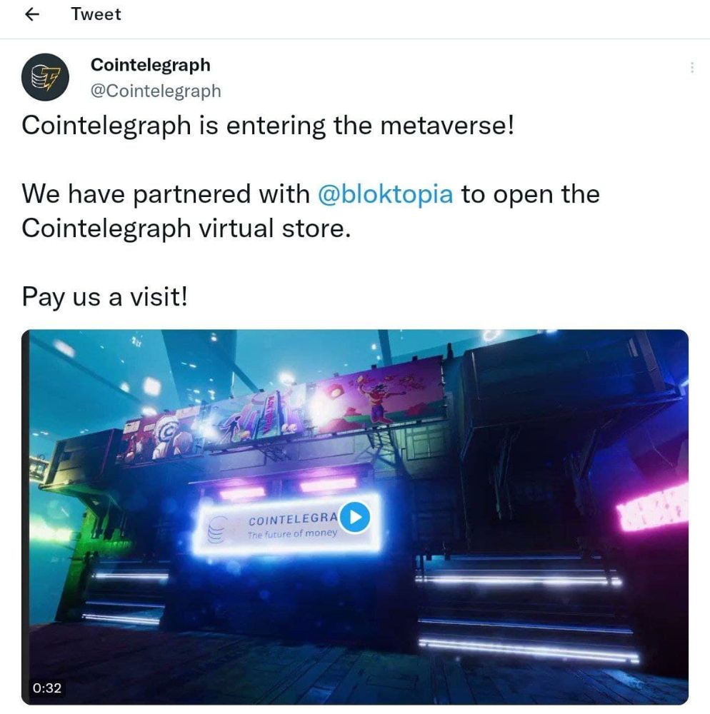 ساعتی قبل وبسایت کوین تلگراف Cointelegraph در طی توییتی اعلام همکاری با پروژه ی بلاکتوپیا Bloktopia نموده و اعلام حضور در این متاورس را کرده است.