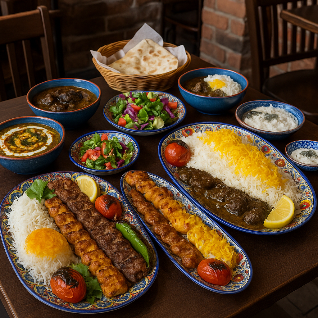 میز غذاهای ایرانی در رستورانی در فنلاند (تصویر تولیدشده با هوش مصنوعی)