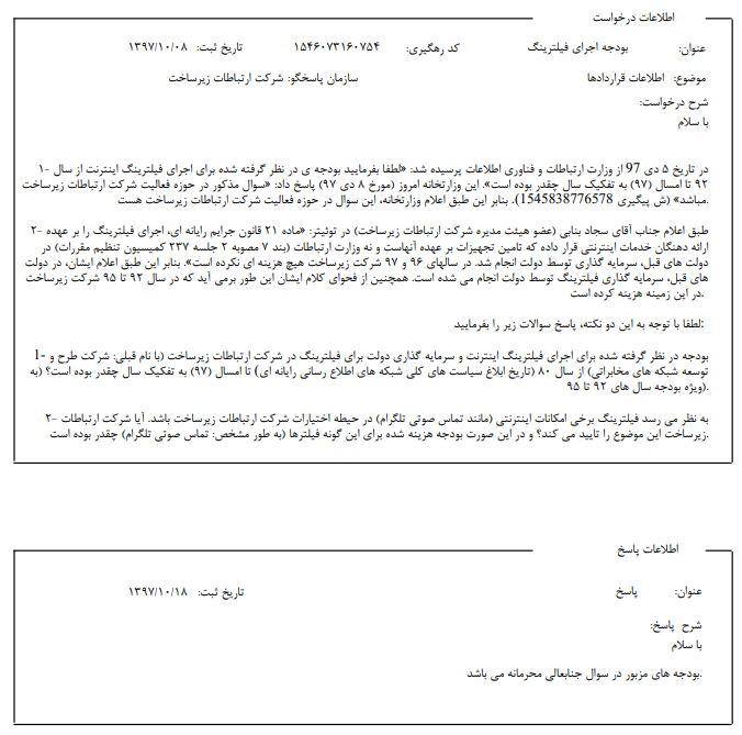 پاسخ اولیه ی شرکت ارتباطات زیرساخت به درخواست ارائه ی بودجه ی فیلترینگ: محرمانه است
