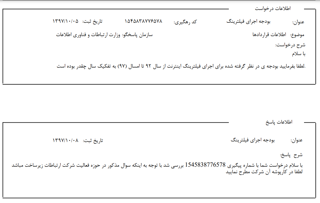 پاسخ وزارت ارتباطات به درخواست ارائه ی بودجه ی فیلترینگ: از زیرساخت بپرسید