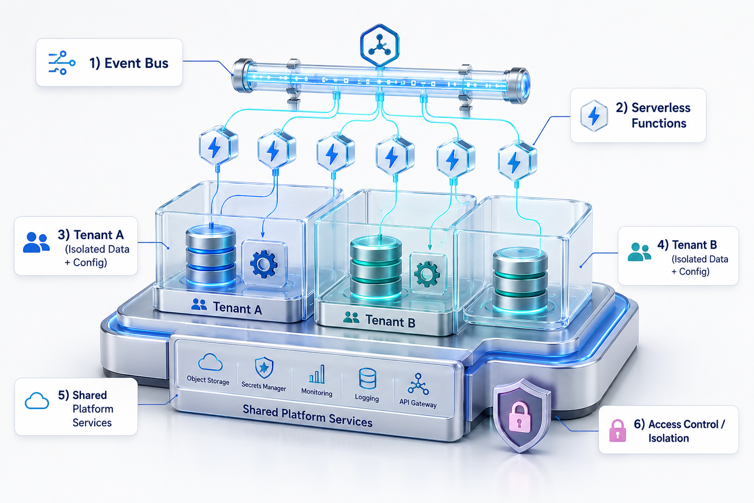 شکل 7: نمای مفهومی از Server-less و Multi-Tenancy با توابع رویدادمحور و چند مستأجر روی یک پلتفرم مشترک